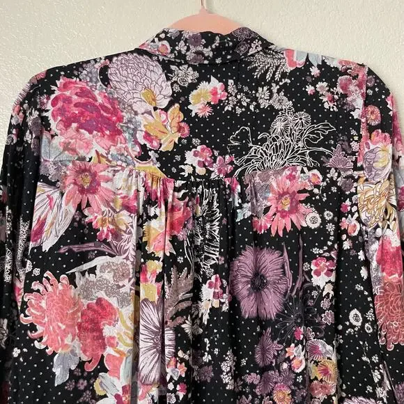 Anthropologie Maeve Top‎ Womens Medium Black Pink Floral Button Up Tunic Boho - Picture 6 of 11